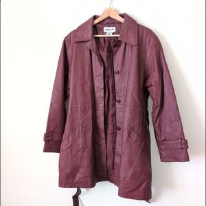 VTG 90s Bagatelle Burgundy Red Leather Trench‎ Coat Belted Classic Women's 12